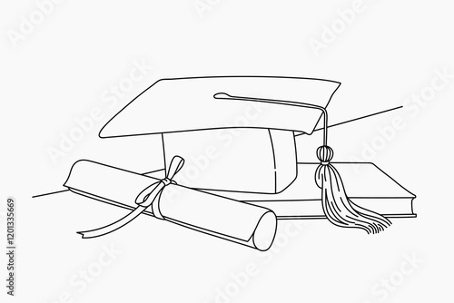 Graduation cap & scroll line art illustration vector