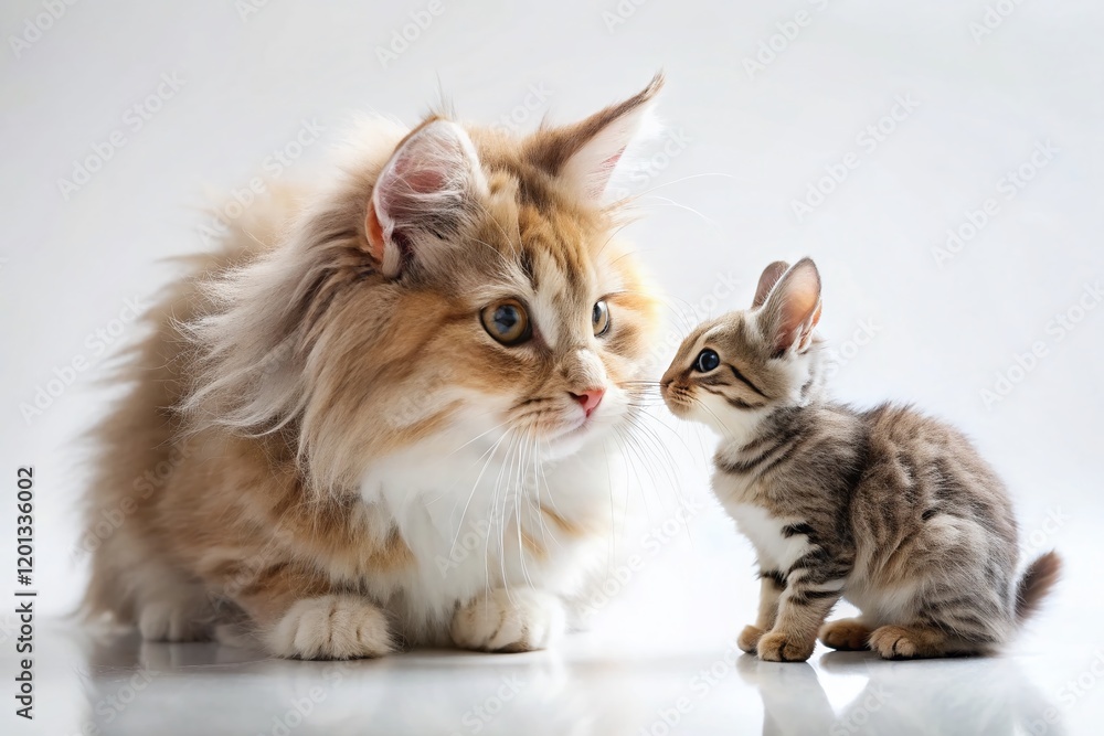 Obraz premium Minimalist Easter: Curious Kitten Sniffs Bunny, White Background