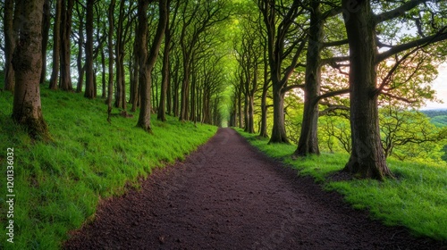 Serene Pathway Through Lush Green Forest Under Bright Canopy
