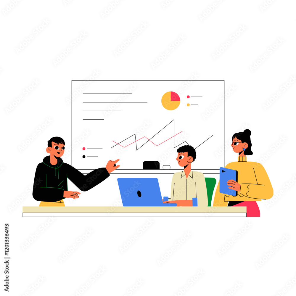 Business Team Analyzing Data With Graphs And Charts In Flat Vector Illustration Symbolizing Teamwork And Strategy, Isolated On White Background Business Team Analyzing Data With Graphs And Charts In Flat Vector Illustration Symbolizing Teamwork And Strategy, Isolated On White Background