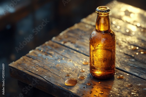 Amber bottle of beer rests on a wooden table with droplets reflecting sunligh...