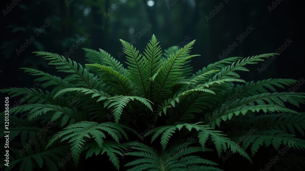 Indoor close-up of vibrant green fern against a deep backdrop; intricate leaves gracefully arching at the heart of the composition Indoor close-up of vibrant green fern against a deep backdrop; intricate leaves gracefully arching at the heart of the composition