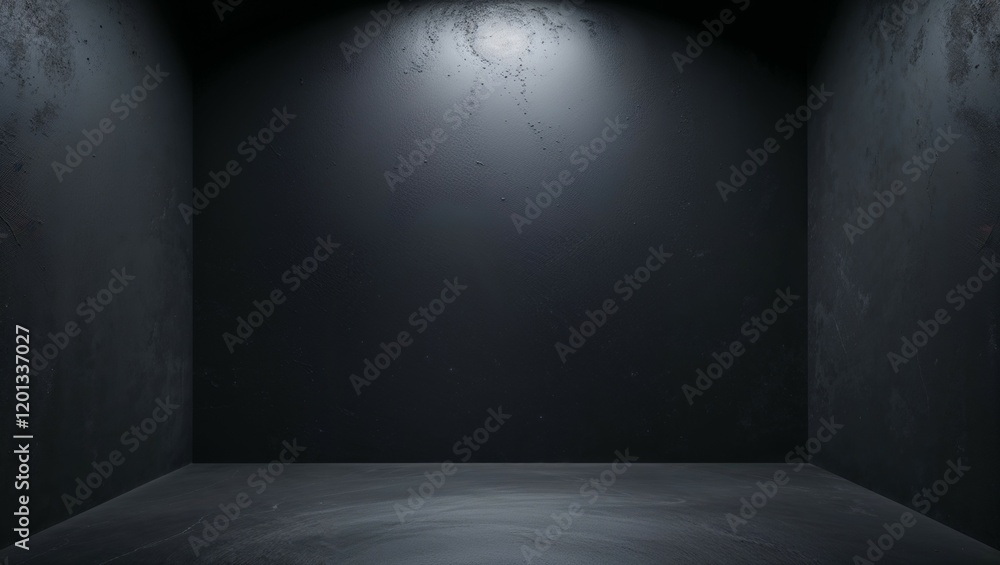 A dark, grunge interior reveals an empty room with a textured concrete wall A dark, grunge interior reveals an empty room with a textured concrete wall