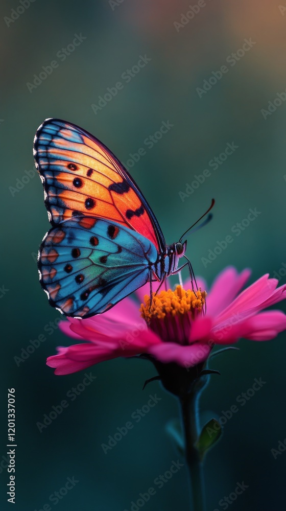 Colorful butterfly perched on pink flower in warm sunlight during golden hour Colorful butterfly perched on pink flower in warm sunlight during golden hour