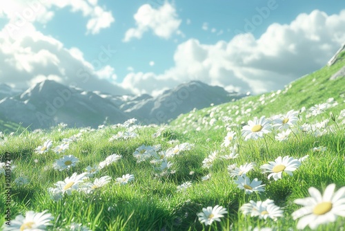 Blooming daisies adorn the lush green landscape under a bright blue sky