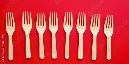 Top view of eight wooden forks evenly spaced on a vibrant red background with ample empty space for text or branding content photo