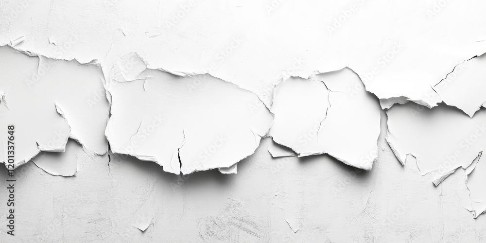 Torn white poster texture with jagged edges on a smooth gray wall creating an abstract background with subtle depth and shadow effects. Torn white poster texture with jagged edges on a smooth gray wall creating an abstract background with subtle depth and shadow effects.
