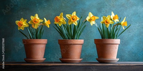 Wallpaper Mural Three vibrant yellow narcissus flowers in terracotta pots arranged on a rustic wooden table against a textured teal background. Torontodigital.ca