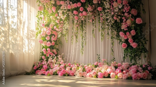 Beautiful Floral Backdrop with Pink Roses and Greenery for Photography and Events, Perfect for Weddings and Celebrations, Captivating and Elegant