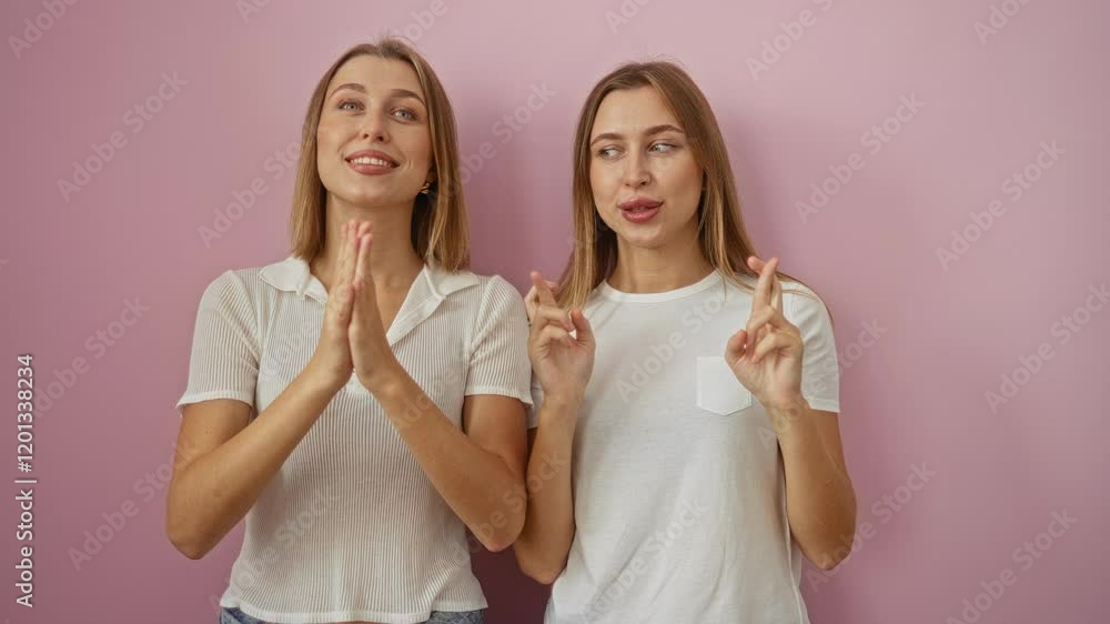 Women sisters smiling with fingers crossed in hopeful gesture and expressions against an isolated pink background, embodying family love and twin connection. Women sisters smiling with fingers crossed in hopeful gesture and expressions against an isolated pink background, embodying family love and twin connection.