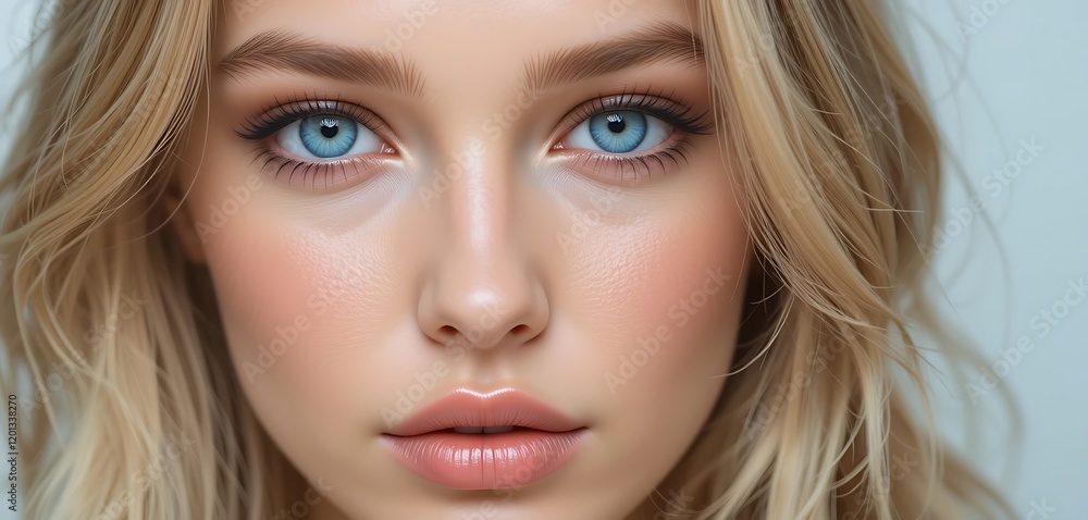 Fototapeta premium Close-up portrait of a stunning young woman with bright blue eyes and long blonde hair, showcasing flawless skin and delicate features.