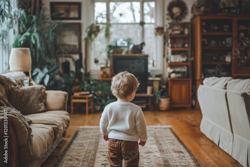 Child exploring a cozy living room with vintage decor in soft natural light