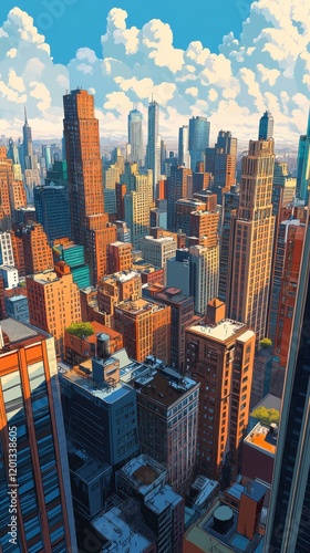 Vibrant cityscape showcasing skyscrapers under a blue sky with fluffy clouds