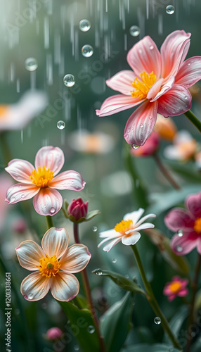 Wallpaper Mural Spring flowers rain drops, abstract blurred background flowers fresh rain. flowering plants. Banner, doodle art, with white tones Torontodigital.ca