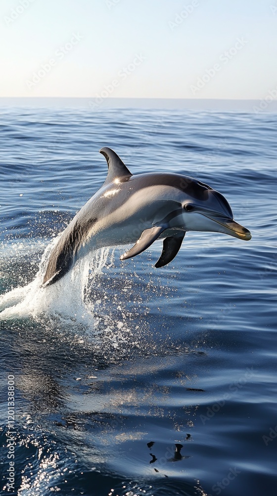 Fototapeta premium Dolphin leaps gracefully above ocean surface in clear blue waters during a sunny day