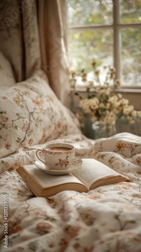 Cozy morning with a warm cup of coffee and an open book on a neat bed