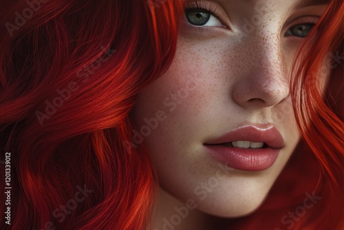 Striking close-up of a young woman with vibrant red hair and captivating gree...