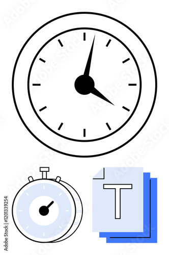 Clock, stopwatch, and stacked documents symbolize time tracking, productivity, deadlines, scheduling, task management, prioritization and workflow planning. Ideal for time efficiency and abstract