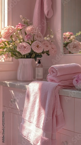 Elegant bathroom decor with soft pink towels and fresh flowers enhancing tran...