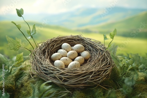 Nest with spotted eggs surrounded by lush greenery in a serene landscape
