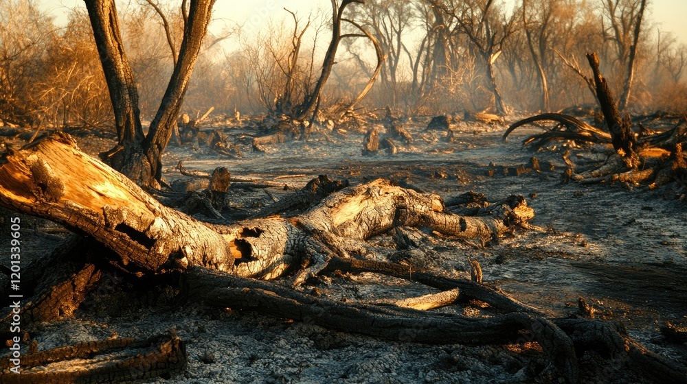 A haunting view of charred remains of trees after a fire, with ashes and burnt bark, highlighting the aftermath of destruction in a once lush environment A haunting view of charred remains of trees after a fire, with ashes and burnt bark, highlighting the aftermath of destruction in a once lush environment