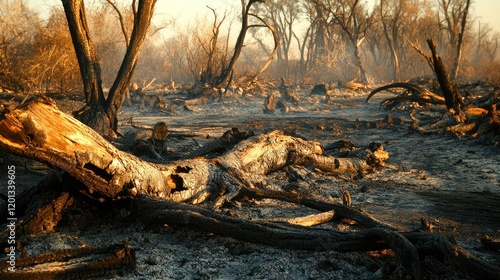 A haunting view of charred remains of trees after a fire, with ashes and burnt bark, highlighting the aftermath of destruction in a once lush environment photo