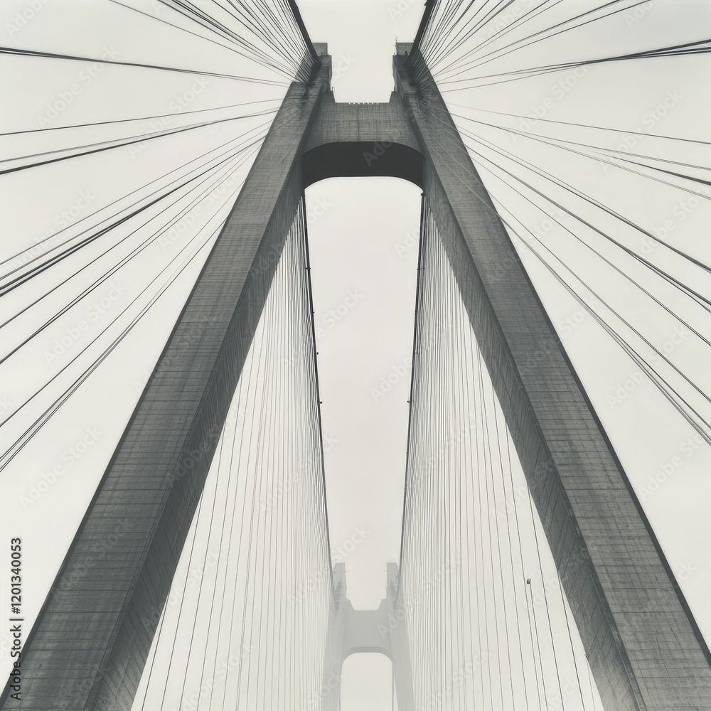 Obraz premium Tall bridge structure, grey with thin supporting cables.