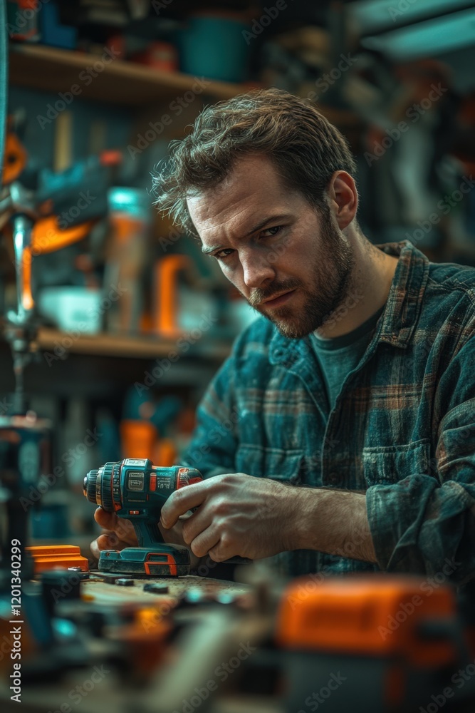 A determined man with sharp features, working on a wooden project in his garage. His expression is focused as he uses a power drill, with tools and materials neatly arranged around him A determined man with sharp features, working on a wooden project in his garage. His expression is focused as he uses a power drill, with tools and materials neatly arranged around him