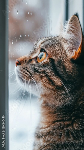 Cat gazing out the window on a rainy day in a cozy home