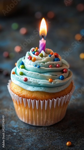 Colorful cupcake with blue frosting and lit candle surrounded by party decora...