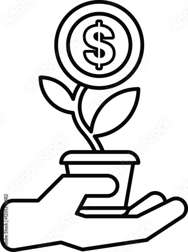 A hand holding a plant in a pot with a dollar sign in the middle