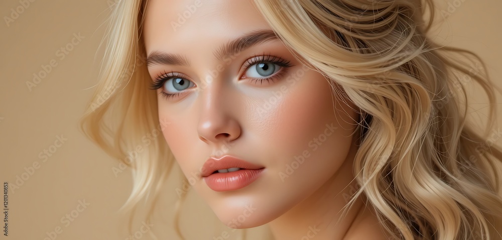 Fototapeta premium Close-up portrait of a stunning blonde woman with flawless skin and captivating light blue eyes, displaying her radiant beauty.