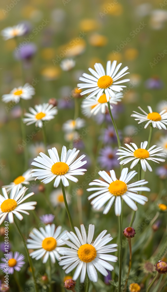 Extra Wide flower Panorama Of beautiful spring wildflowers chamomile painting, Dynamic motion, with white tones Extra Wide flower Panorama Of beautiful spring wildflowers chamomile painting, Dynamic motion, with white tones