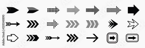 Collection of black arrow icons in various styles and directions for design projects needing directional symbols. Collection of black arrow icons and symbols. Various of simple black arrows icons