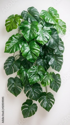 Lush green indoor plant arrangement on a light wall showcasing vibrant foliag...
