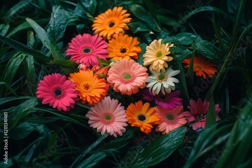 Vibrant field of mixed flowers in bloom during springtime in a sunny garden