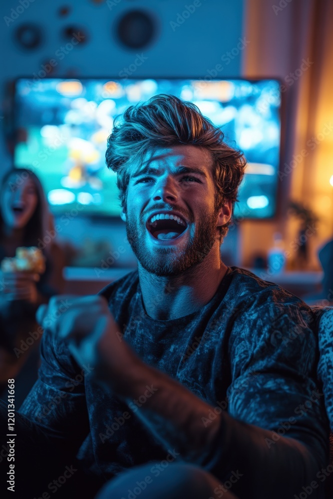A lively man sitting on a couch with a group of friends, cheering enthusiastically while watching a football game on a large TV. A lively man sitting on a couch with a group of friends, cheering enthusiastically while watching a football game on a large TV.