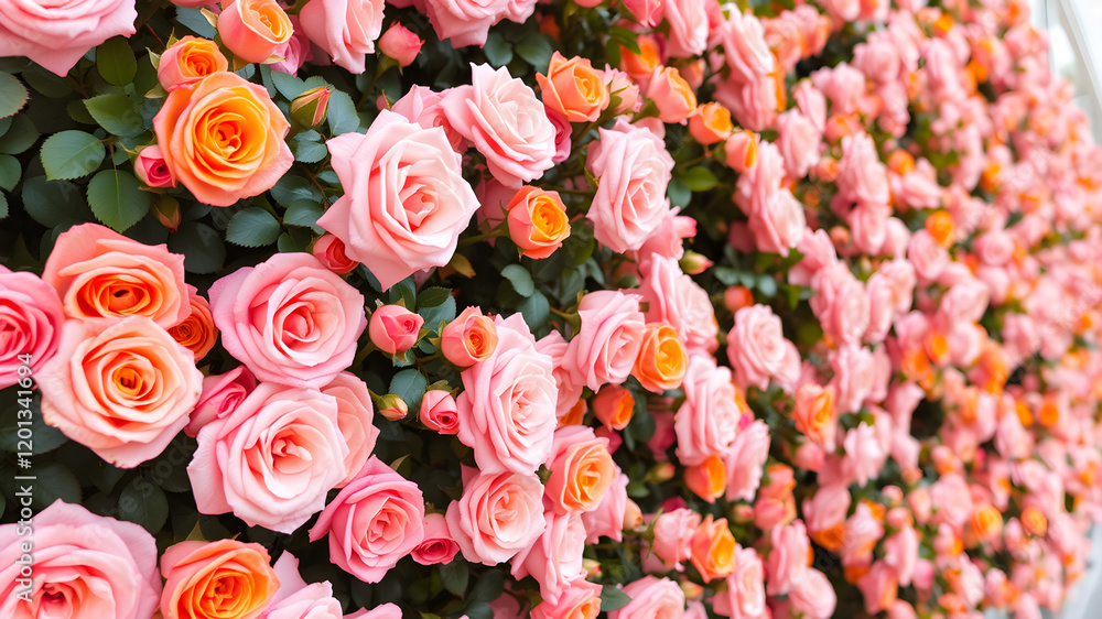 Cluster Wall of Pink and Orange Roses. Generative AI Cluster Wall of Pink and Orange Roses. Generative AI