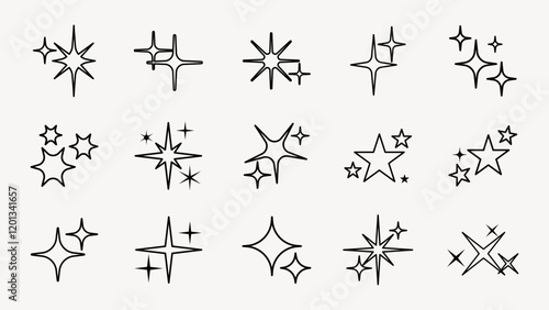 Star sparkle outline doodle set vector. Hand drawn star glitter sparks outline. Sparkle and starburst icons. Glittering spark star outline shapes. Shiny line firework star outline icon. Sparkle star