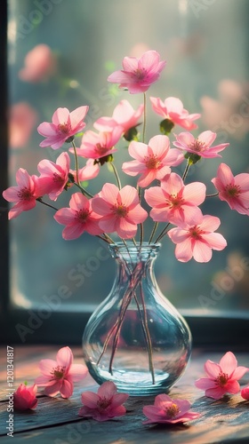 Pink cherry blossoms in a clear vase resting on a wooden table with soft sunl...