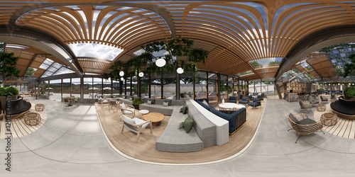 360 panorama VR , 3d rendering of interior modern cafe restaurant.