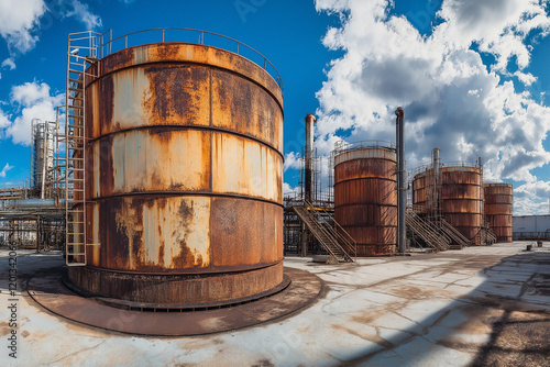 Large rusty pipes and aged storage tanks at an industrial refinery under a bright blue sky with fluffy clouds. The scene showcases aged infrastructure and heavy industry.