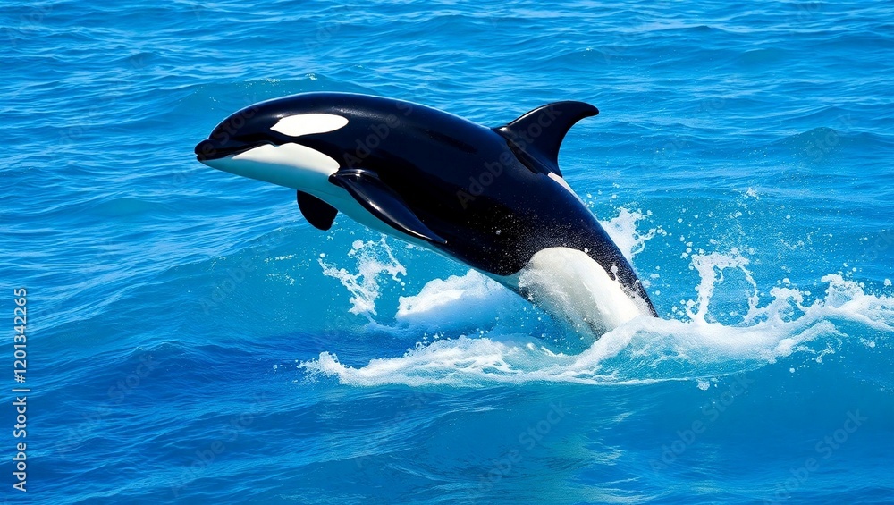 Obraz premium majestic orca breaching, crystal clear blue ocean, splashing water droplets, sunlit waves, sleek black and white killer whale, dynamic mid-air pose, marine wildlife photography, vibrant aquatic scene,
