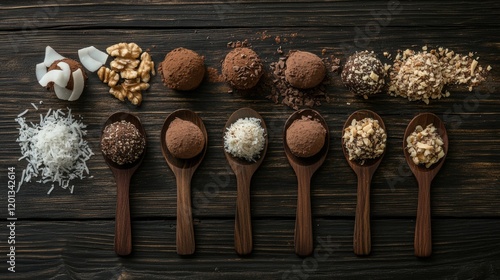 Delicious assortment of chocolate truffles on wooden spoons with nuts and coconut toppings laid on rustic table. Generative AI photo