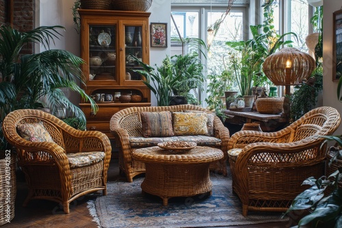 Cozy and inviting interior of a rustic store showcasing woven furniture and a...