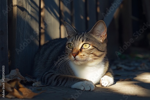 Cat relaxing in the sunlight near wooden fence on a calm afternoon