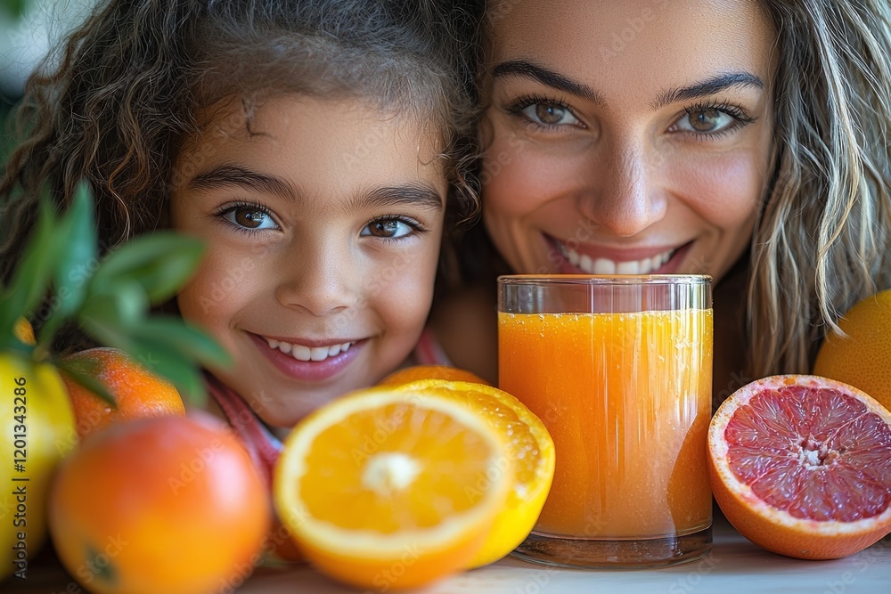 In a kitchen setting, a smiling African American woman, covering her mouth, stands beside her daughter who is holding an orange juice glass, the foreground slightly out of focus In a kitchen setting, a smiling African American woman, covering her mouth, stands beside her daughter who is holding an orange juice glass, the foreground slightly out of focus