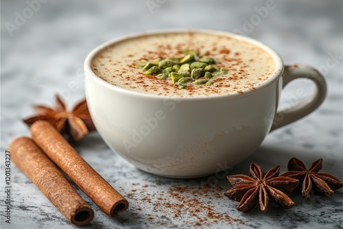 salep, sahlep, white cup Sahlep, a milk-based hot drink from Turkey with cinnamon powder and antes Fist, perfect for autumn and winter photo