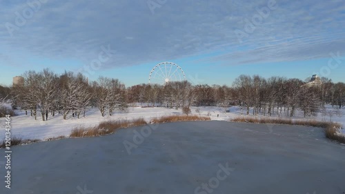 Wallpaper Mural Latvia, Riga Winter Aerial View of City Skyline, Ferris Wheel, Riga Castle, Old Town, Cathedral Towers, Latvian Academy of Sciences, National Library in the Background. Daugava River and City Bridges Torontodigital.ca