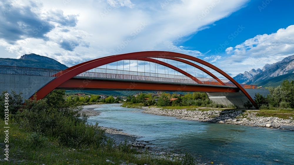 Obraz premium Red bridge spans river below mountains and cloudy sky.